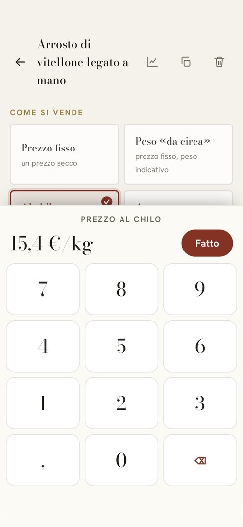 Il prezzo al chilo in modifica nell’app, col tastierino aperto