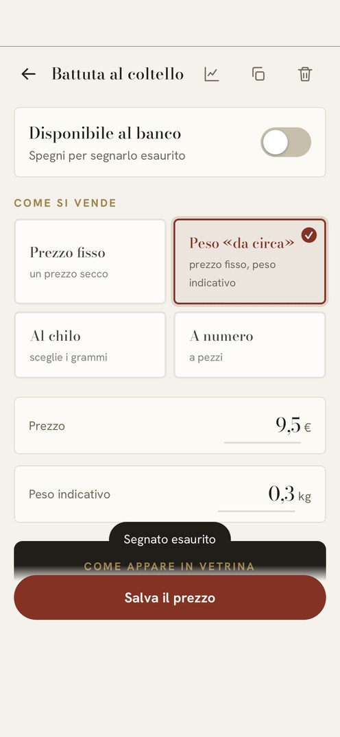 Un taglio appena segnato esaurito nell’app, con l’interruttore spento