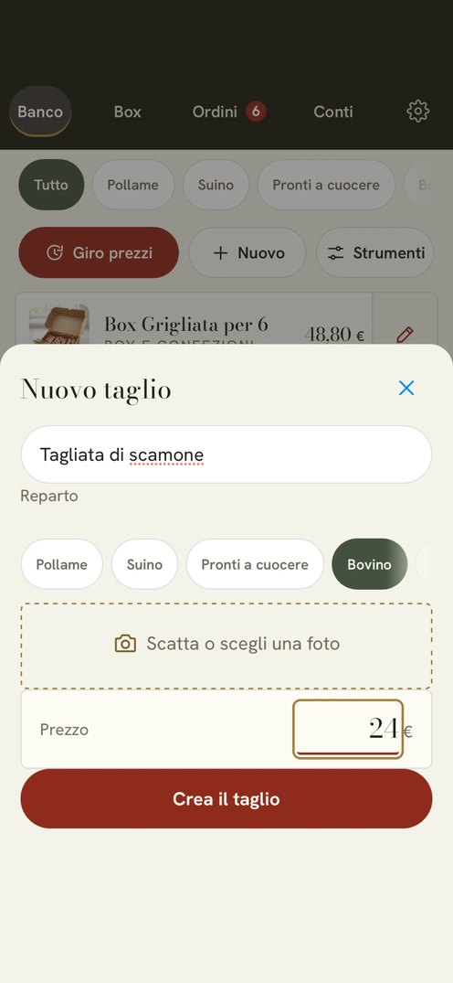 Un taglio nuovo nell’app: nome, reparto, fotografia e prezzo, poi «Crea il taglio»