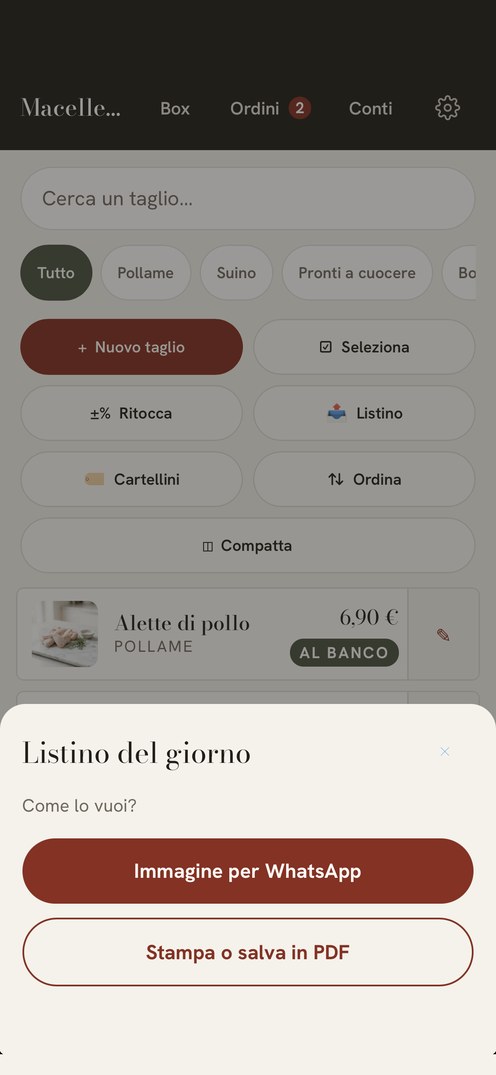 Il listino del giorno nell’app, pronto da mandare come immagine su WhatsApp