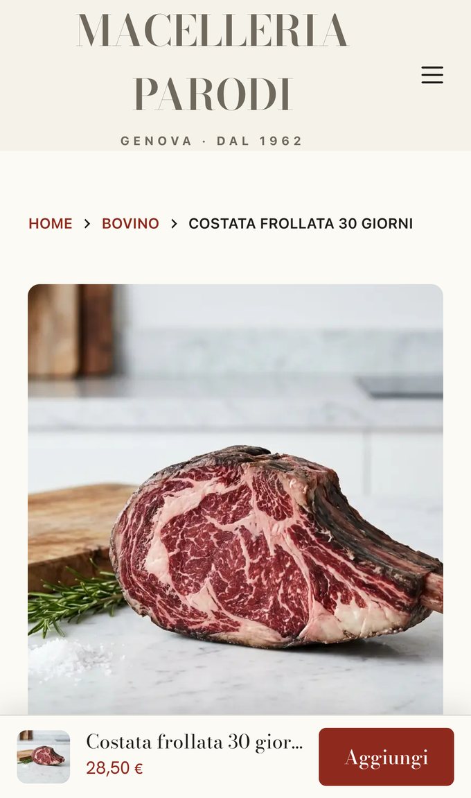 La scheda della costata frollata 30 giorni sul negozio dimostrativo, vista dal telefono: foto del taglio, prezzo e bottone Aggiungi