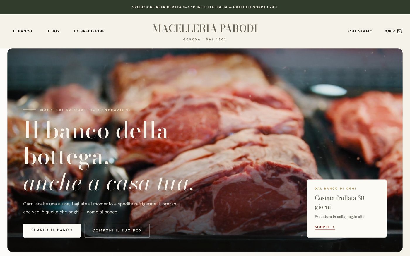 La home del negozio dimostrativo Macelleria Parodi, con la fotografia del banco e il taglio del giorno