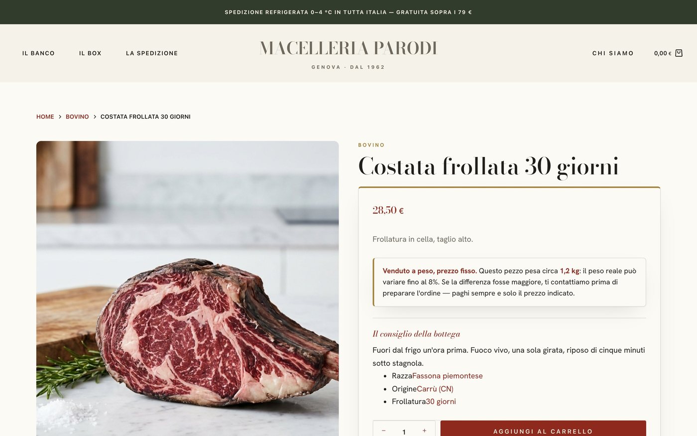 La scheda della costata frollata sul negozio dimostrativo, col peso indicativo e lo scostamento dichiarato
