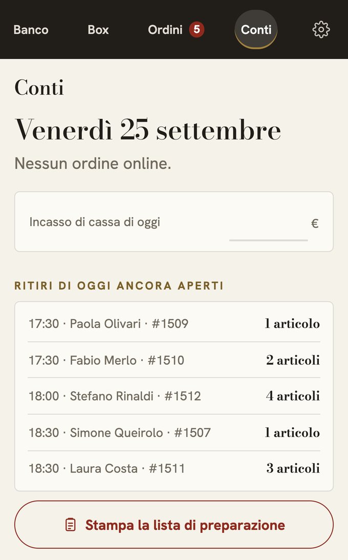 L'app del banco venerdì mattina: i ritiri di oggi in ordine di ora, con nome, numero d'ordine e articoli, e il bottone per stampare la lista di preparazione